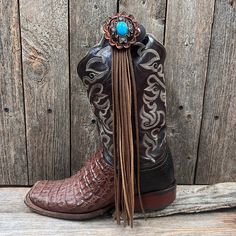 "Hand crafted concho, leather rosette and leather fringe boot accessory. Attaches with leather snap for easy install.   Length of the fringe is 11\".  Sold as an individual piece, not sold as a set. Boots not included." Wither Strap, Boot Cuff, Bridle Bag, Western Buckles, Boot Pulls, Cuff Jewelry, The Fringe, Fringe Boots, Boot Cuffs