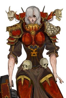 an image of a woman with horns and skulls on her chest, holding a suitcase