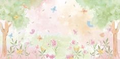 a painting of trees and flowers with butterflies flying over them in pastel colors on a watercolor background