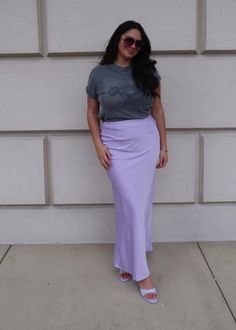 lilac maxi skirt Lilac Skirt Outfits, Lilac Skirt, Satin Skirt Outfit, High Waisted Maxi Skirt, Fashion Goals, Slip Skirt, Church Outfits, Satin Skirt, Gray Skirt