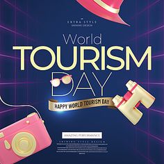 an advertisement for the world tourism day with pink accessories and hats on it's head