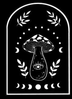 a black and white drawing of a mushroom with leaves on it's head, surrounded by the moon phases