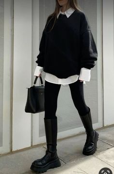 Leggings With Button Up Shirt Outfit, Classy Leggings Outfit Winter, Long Black Boots Outfit Leggings, Sweatshirt Button Up Outfit, White Button Down With Leggings, Long White Boots Outfit Winter, Sweatshirt And Button Up Outfit, Long Black Boots Outfit Winter Classy, Black Long Boots Outfit Winter