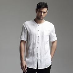 Oriental Style Scoop Neck Short Sleeve Flax Blouse - White - Chinese Shirts & Blouses - Men Cloth Inspiration, Edgy Leather Jacket, Mens Fashion Suits Casual, Mens Fashion Work, Mens Fashion Casual Winter, Mens Fashion Simple