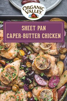 sheet pan caper - butter chicken with roasted potatoes and carrots on the side