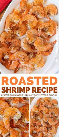 roasted shrimp recipe on a white plate with the title above it in three different pictures