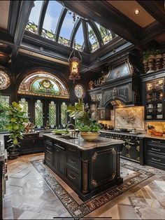 an ornate kitchen with black cabinets and stained glass windows, is pictured in this image