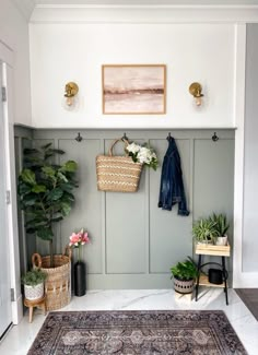 a room with a rug, potted plants and a coat rack on the wall