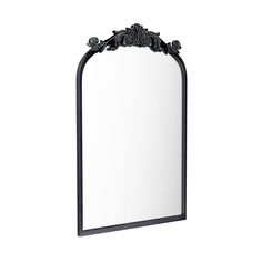 an ornate mirror is shown against a white background with black trimmings on the frame