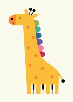 a giraffe with colorful dots on it's head and neck, standing in front of a white background