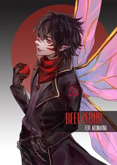 an anime character with black hair and red eyes, holding an apple in his hand