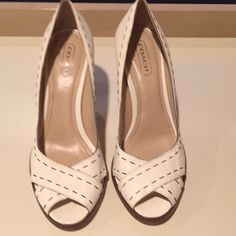 Size 8.5 Woman’s Coach Heels Coach Beige Round Toe Heels, Coach High Heel Synthetic Heels, Classic Coach Closed-toe Heels, Coach Heels With 4-inch Heel For Evening, Coach Heels, Coach Heels With Branded Insole, Medium Width, Coach Shoes, Shoes Women Heels, Shoes Heels