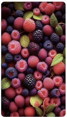 berries and raspberries are piled up together