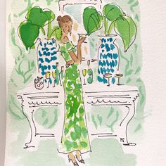 a watercolor painting of a woman in front of a table with potted plants