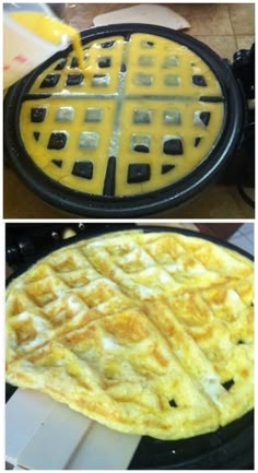 two pictures of waffles being cooked on top of each other