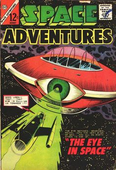 the cover to space adventures comic book, featuring an eye in space and a spaceship flying through