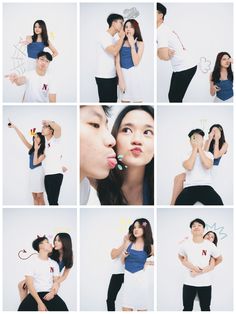 a collage of people posing for pictures with one woman kissing the other man's cheek