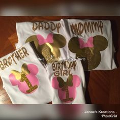 three personalized mickey mouse shirts for a baby's first birthday