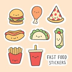 various fast food stickers on a pink background