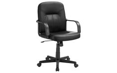 a black leather office chair on wheels