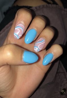 Blue Swirls Nails, Blue Swirl Nails, Bahama Nails, Ring Finger Design, Black Prom Nails, Swirl Nail Art, Wave Nails, Blue Gel, Blue Nail Designs