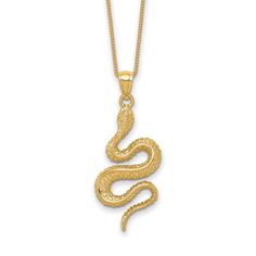 A mesmerizing snake hangs on by his teeth in this refined women's charm necklace. Fashioned in 14K yellow gold, the 18-inch box chain secures in place with a spring ring clasp. Gold Snake-shaped Engraved Necklace, Gold Snake Necklace With Engraving, Gold Engraved Snake Necklace, Gold Plated Snake Chain Necklace, 14k Yellow Gold Snake Chain Necklace For Gift, Engraved Yellow Gold Snake Chain Necklace, Engraved Snake Chain Jewelry, Engraved Snake-shaped Yellow Gold Jewelry, Engraved Yellow Gold Snake Jewelry