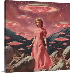 a painting of a woman standing in front of an alien landscape with flying saucers