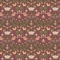 an ornate floral pattern with pink and green flowers on a dark red background, suitable for wallpaper or fabric