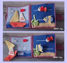 crocheted book with two pictures of boats on it