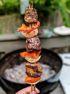 a person holding up a meat and vegetable skewer