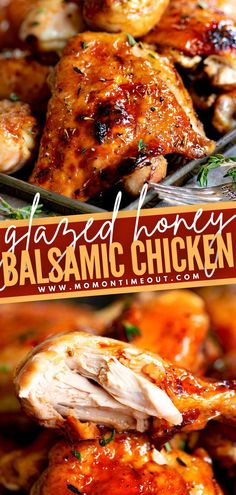 grilled honey balsamic chicken on a platter with text overlay that reads grilled honey balsamic chicken