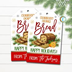 two christmas gift tags with bread on them