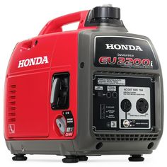 the honda eu20000i generator is shown in red and black with its controls on