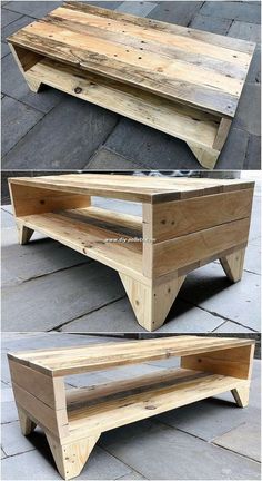 two wooden benches made out of pallets on top of each other, with one bench built into the bottom