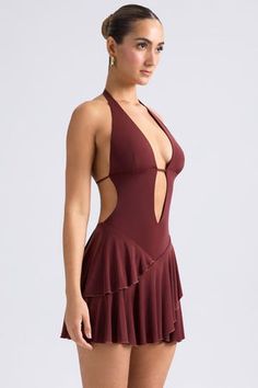 Ruffled Cut-Out Halterneck Mini Dress in Chestnut Brown Low Cut Mini Dress, Early 2000s Video Vixen, Vacation Club Outfits, Sexiest Dresses, Low Cut Dress, Priscilla Ricart, Halterneck Mini Dress, Ruffled Mini Skirt, Summer Mini Dress