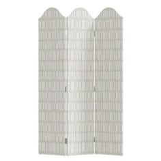 a tall white room divider with vertical stripes on the top and bottom panel, in front of a white background