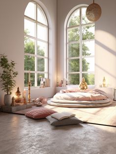 a room with two large windows and a bed in the middle, surrounded by pillows