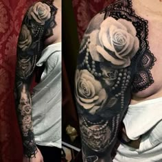 a woman's half sleeve with roses and lace