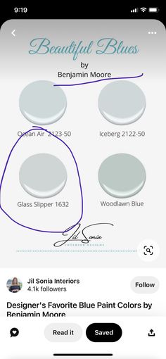 an iphone screen showing the different shades of blue paint colors on white and gray background