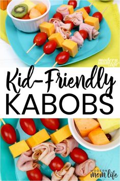 kid friendly kabobs on a blue plate with fruit and vegetables in the background