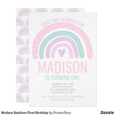 a pink and green birthday party card with rainbows on it, including the words sweet and so much fun