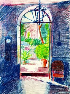 a drawing of an open door to a room with potted plants and a bench