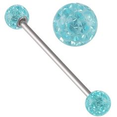 a pair of blue jeweled surgical steel barbell plugs with two balls on each end