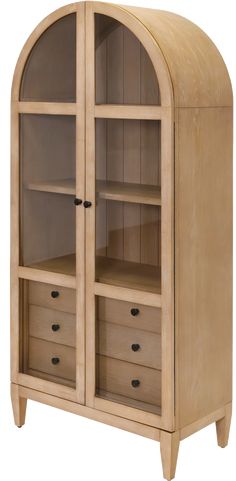 an arched wooden cabinet with drawers and shelves