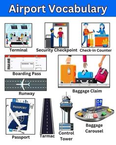 an airport vocaculary poster with various types of luggage and their corresponding names