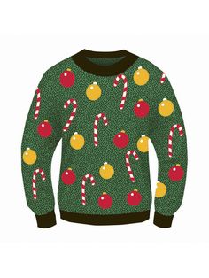 a green christmas sweater with candy canes and candies on the front, all over