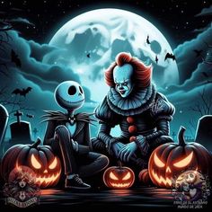 two creepy clowns sitting on pumpkins in front of a full moon