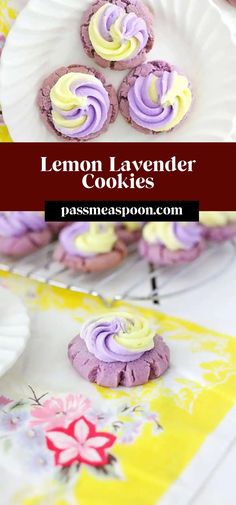 lemon lavender cookies with purple frosting on a white plate next to a yellow and pink napkin