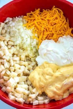 a red bowl filled with different types of cheese and other food items on top of it