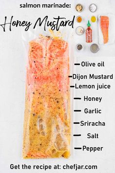 the ingredients to make honey mustard salmon on a white background with text that says honey mustard